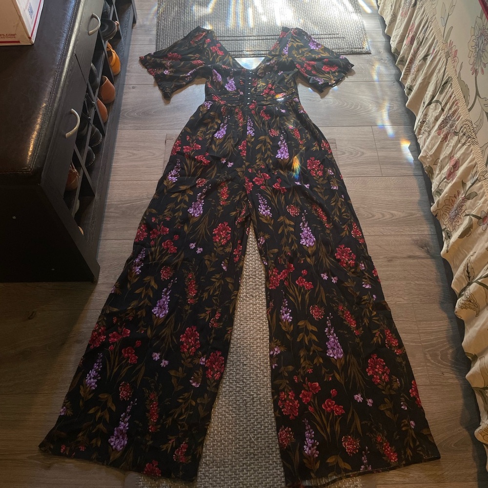 American Eagle Black and Red Floral Jumpsuit